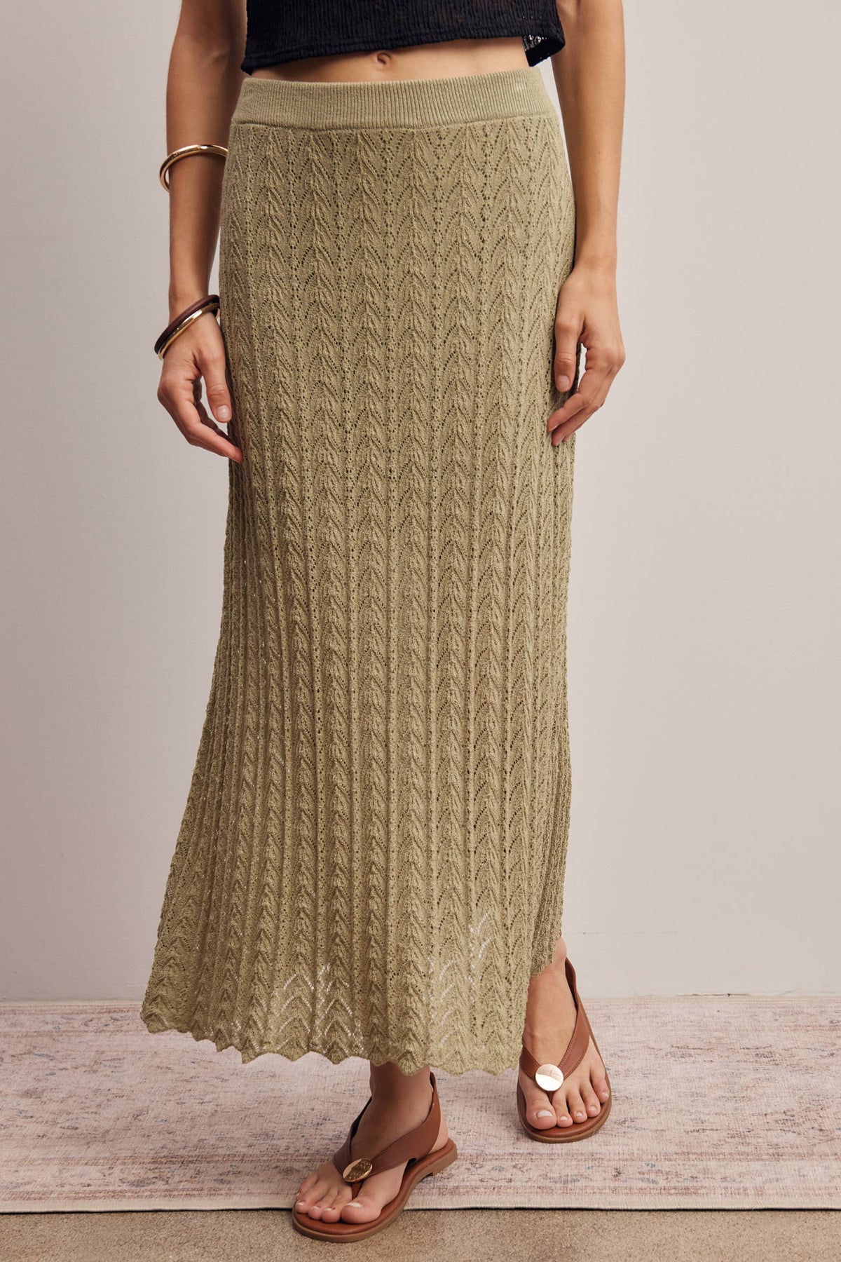 Pointelle Sage Knit Midi Skirt