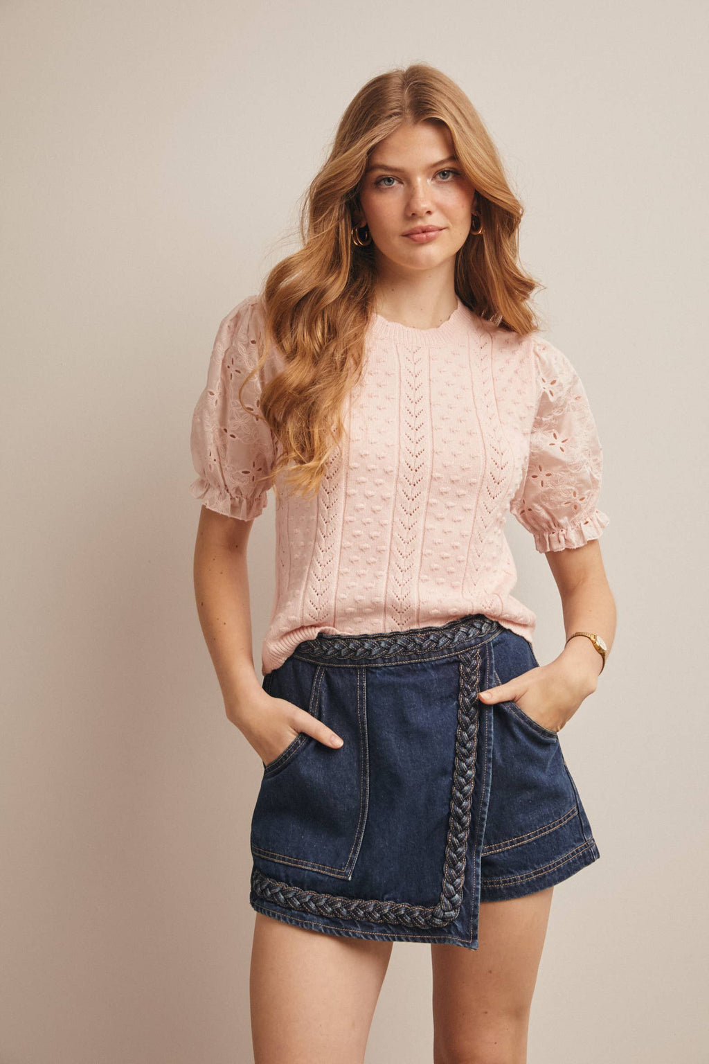 Lace Puff Sleeve Knit Top