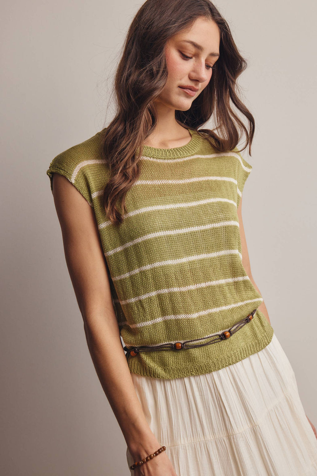 Striped Knit Cap-Sleeve Sweater Top