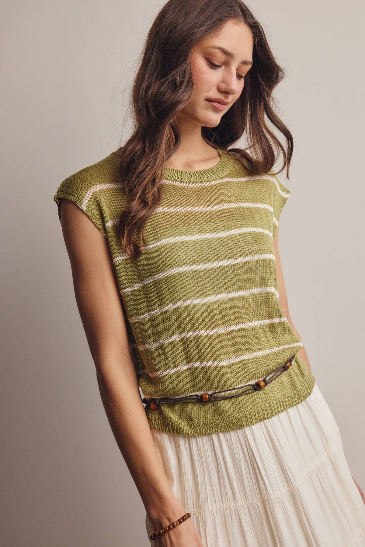 Striped Knit Cap-Sleeve Sweater Top